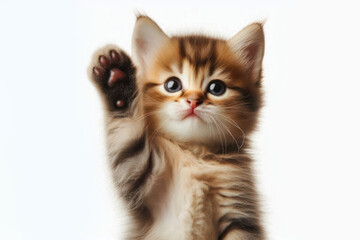 Fototapeta premium Close up funny little kitten raises its paw isolated on white background