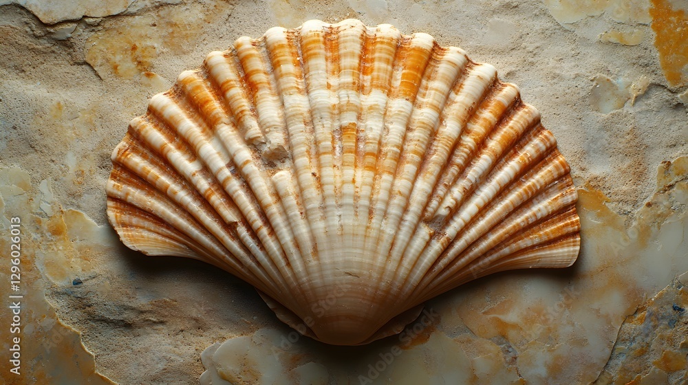 Poster A close-up of a seashell resting on a textured stone surface. The warm tones create a serene atmosphere. Seashell on Stone: A Coastal Still Life