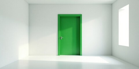 A bright, minimalist room with a vibrant green door and a single window, symbolizing new beginnings and opportunities