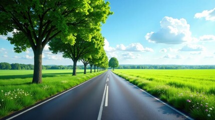 Fototapeta premium Asphalt Road Lined with Lush Green Trees on a Sunny Day, Leading to a Vibrant Green Field Under a Blue Sky with Puffy White Clouds