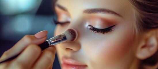 A makeup artist applies finishing powder to a woman's nose with a brush.