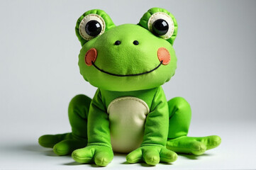 Fototapeta premium A charming handmade frog toy with green fabric and embroidered features. creativity hobby and handicrafts, diy, background for design. creativity hobby and handicrafts, diy, background for design.