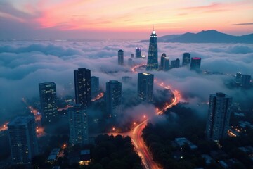Naklejka premium Softly glowing mist surrounds a cityscape at dusk, blending buildings with the atmosphere, foggy, serene, dusk