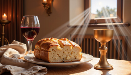 Sacred bread and wine on altar with sunbeam, spiritual symbolism, Easter