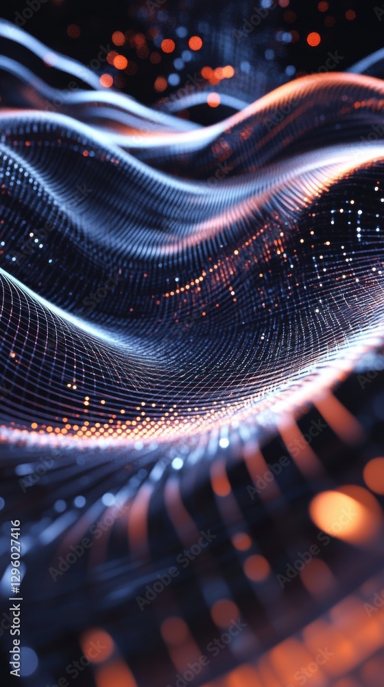 Poster flowing metallic grids creating futuristic visuals, tech-inspired design. vertical
