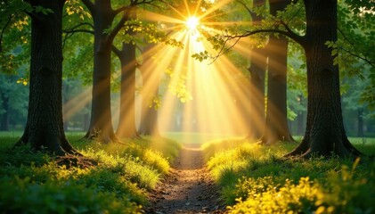 Obraz premium Softly glowing sunlight filters through trees, peaceful, forest, serene