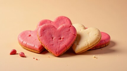 Obraz premium A delightful arrangement of heart-shaped cookies, delicately iced in pastel pink and creamy off-white, rests on a soft beige surface, suggesting a sweet and romantic treat.