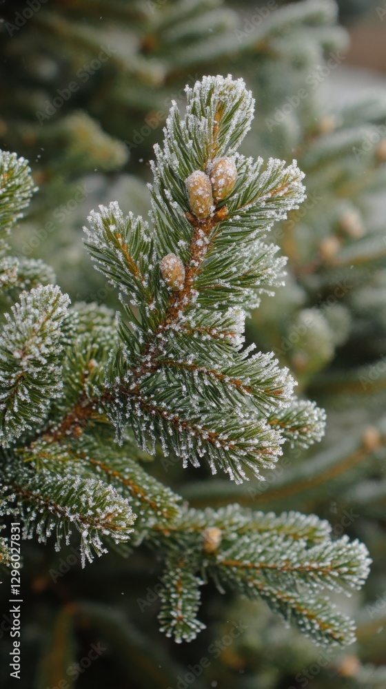 Poster subtle sparkle of frost on tree branches, frost sparkling on tree branches. vertical