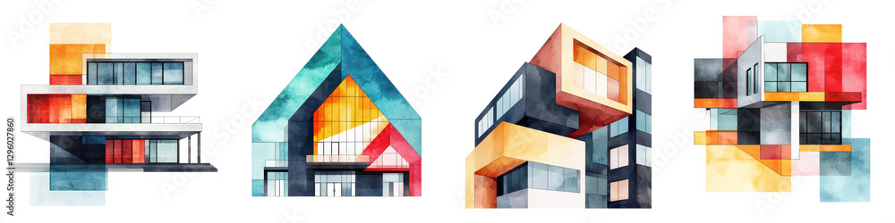 Poster vibrant and geometric abstract building facades with colorful patterns and shapes in a modern urban 