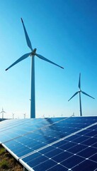 Solar panels and wind turbines generating electricity in a power station with blue sky background , clean energy, electric generation, solar power