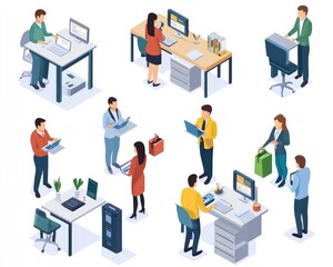 Isometric Illustration of Diverse Workplace: Factory Employees, Managers, and Accountants Collaborating in a Modern Office Setting