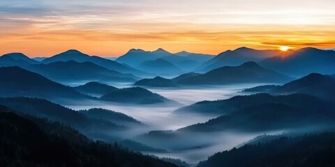Obraz premium Ethereal mist-covered valley at sunrise, layers of mountains fading into the distance, dreamy and atmospheric natural landscape