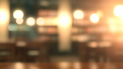 Ethereal library ambiance with blurred bookshelves and inviting reading nooks in soft light