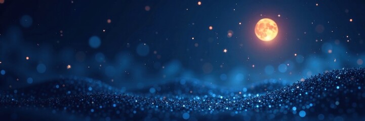 Obraz premium Sparkling glitter bokeh against dark blue night sky with twinkling stars and glowing moon, dreamy, glowing moon, twinkling stars