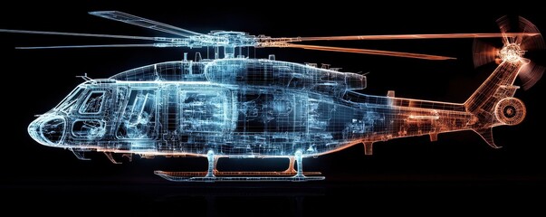 Digital wireframe hologram visualization of a helicopter on dark background