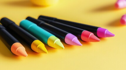 Naklejka premium Six Bright Colorful Cosmetic Makeup Crayons Product Shot on Vibrant Yellow Background