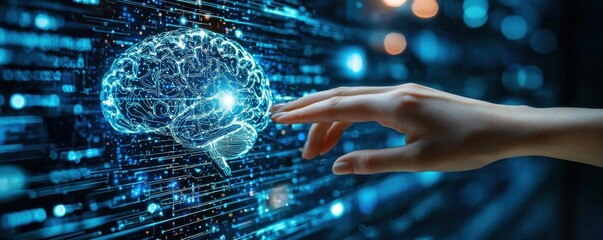Fototapeta premium Human hand interacting with glowing brain hologram representing artificial intelligence