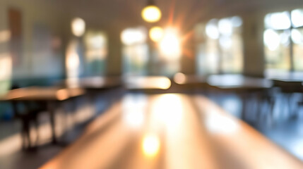Blurred School Cafeteria: Soft light and serene long tables create a peaceful atmosphere.