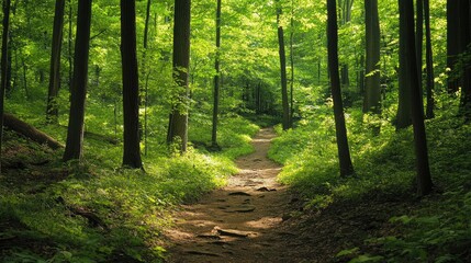 Obraz premium Serene Virginia Forest: Scenic Hiking Path Through Lush Green Woods in Summer
