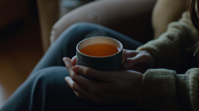 Rare illness patient enjoying a peaceful moment with a hot cup of tea. Featuring relaxation and comfort