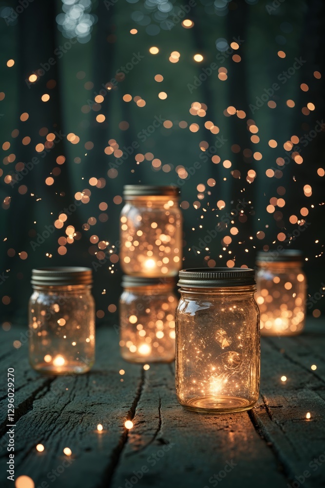 Poster glowing jars illuminate a rustic wooden table in a tranquil forest setting during twilight