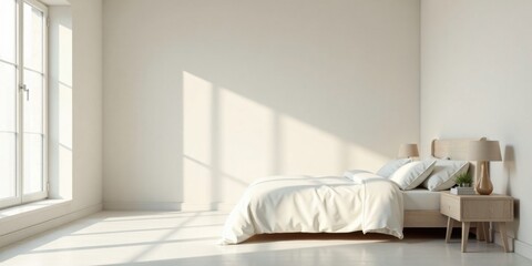 Serene Bedroom Interior Design Minimalist Light Wood Bed with Crisp White Linens and Natural Light Streaming Through a Window, Creating a Peaceful and Restful Atmosphere