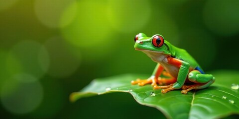 Naklejka premium Vibrant Amphibian Perched on Lush Foliage, a Close-Up View of Nature's Colorful Creature