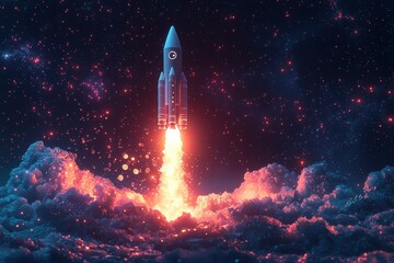 Astronaut Exploring a Fiery Landscape with a Rocket Launch in the Background