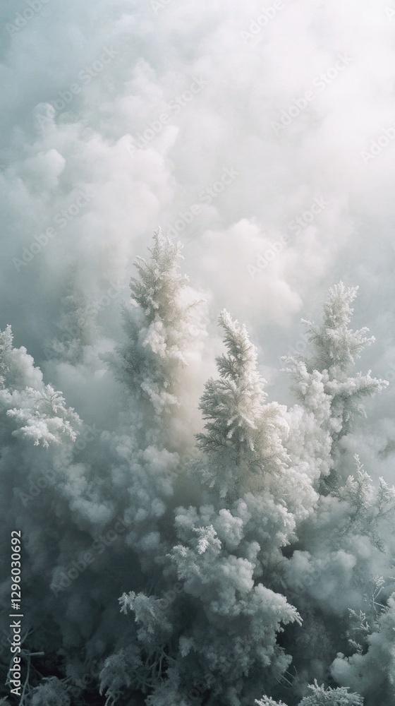 Poster Enchanted trees reach skyward, their branches adorned with frost as soft fog swirls around them, creating a serene and magical winter atmosphere