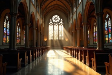 Sunbeams Illuminate Tranquil Church Sanctuary, Rows of Wooden Pews Extending Towards a Majestic Stained Glass Window