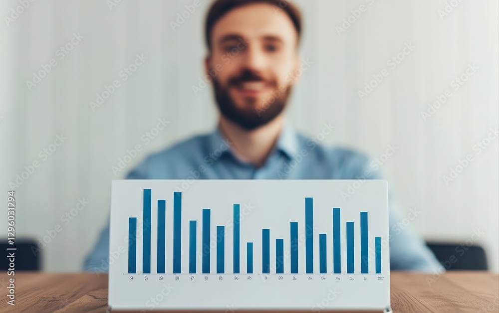 Poster businessman presenting a bar chart showing business growth and financial data analysis results a foc