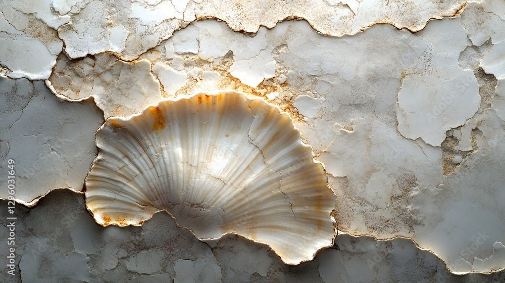 Poster A delicate seashell rests on a cracked, aged surface. The contrast between the smooth shell and the rough texture creates a compelling visual. Shell on Cracked Surface: A Study in Texture and Contrast