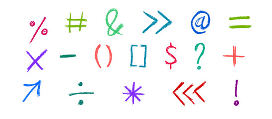 Mathematical Symbols and Punctuation Crayon Chalk Drawing Vector Set