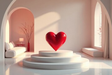 A crimson heart, gleaming with a glossy sheen, rests majestically atop a pristine white tiered platform, bathed in the soft glow of sunlight filtering through arched windows in a minimalist interior