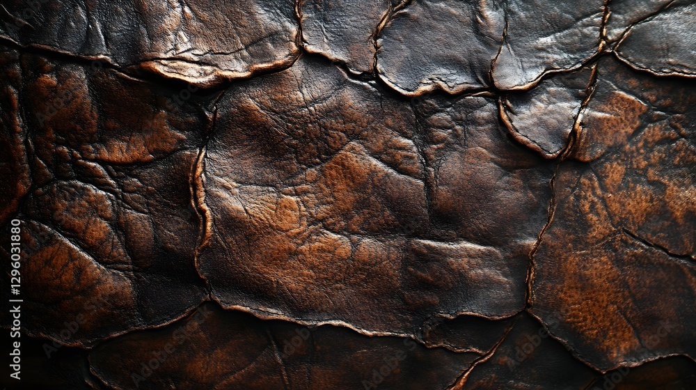 Poster close-up view of a textured copper surface, showcasing its rich, dark brown patina and intricate cra