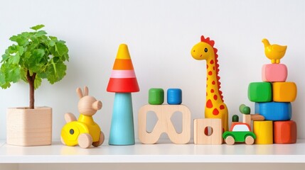 Obraz premium Wooden toys and plant on white shelf