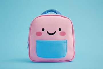Pink children's backpack with a happy face and blue pocket against a light blue background.