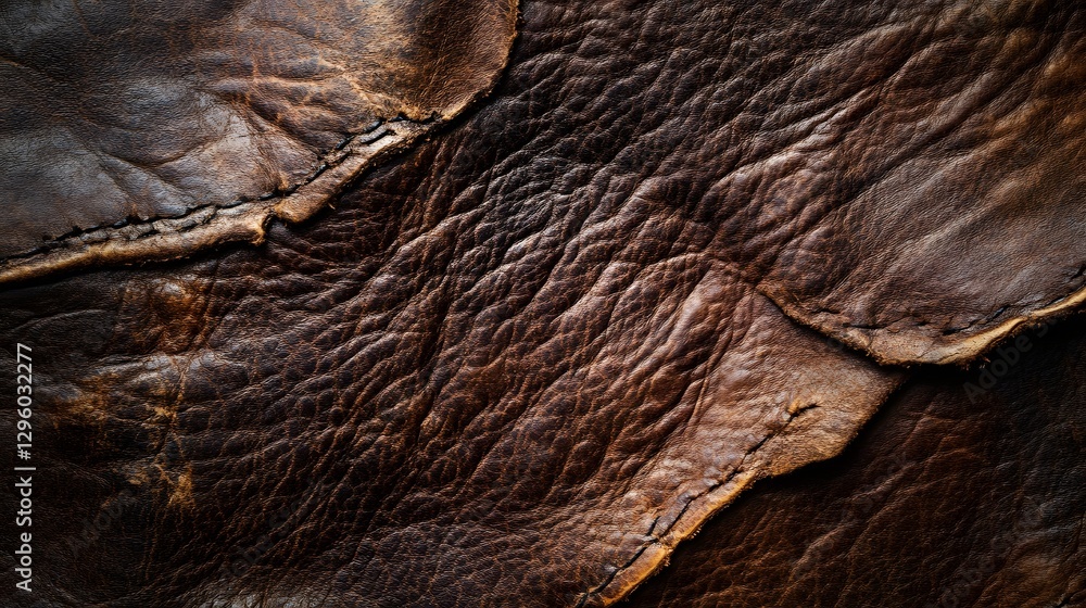 Poster close-up of dark brown leather with visible stitching and texture. texture of aged brown leather: a 