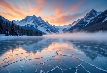 Serene winter landscape of snow-capped mountains reflecting on frozen lake at dusk