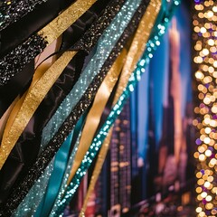 Obraz premium Glitter vintage lights background. black, blue and gold. de-focused