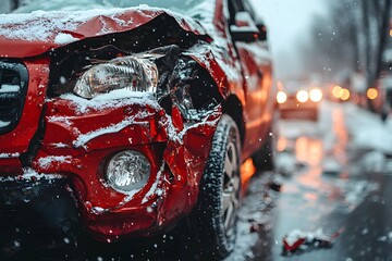 Winter Car Accident Scene with Damaged Red Vehicle on Snowy Road