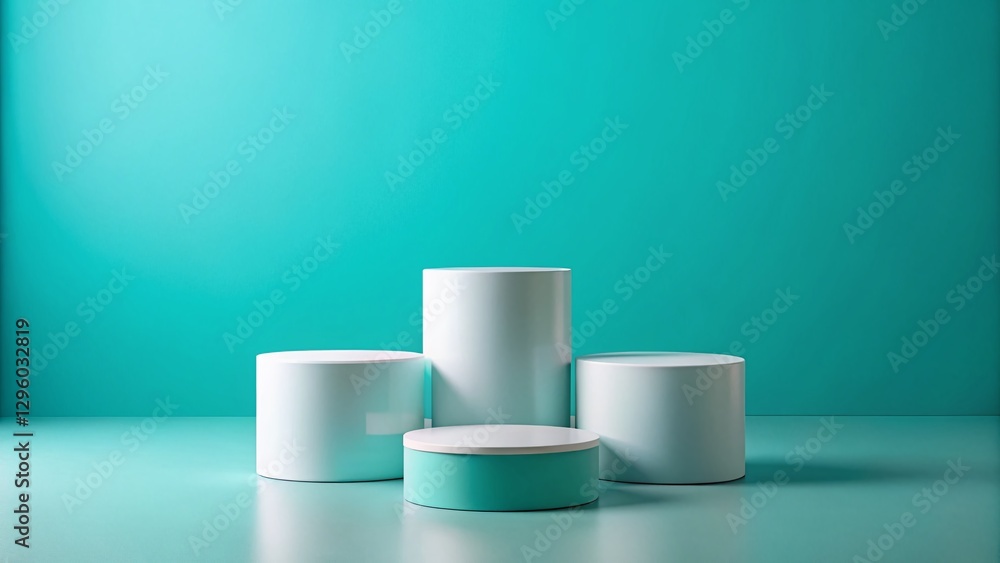 Poster abstract cyan background with three white cylinder pedestals for product display - 3d rendering mock
