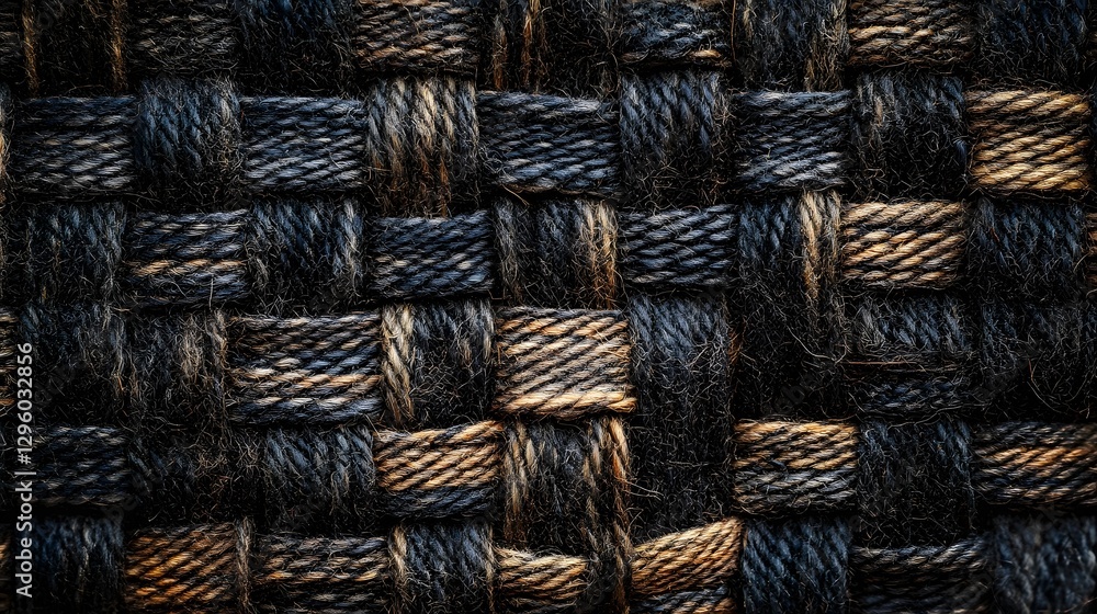 Poster Close-up view of a richly textured woven textile with intricate patterns and a mix of dark and light brown threads. Intricate Woven Textile: A Study in Texture and Color