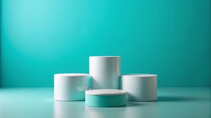 Abstract Cyan Background with Three White Cylinder Pedestals for Product Display - 3D Rendering Mockup