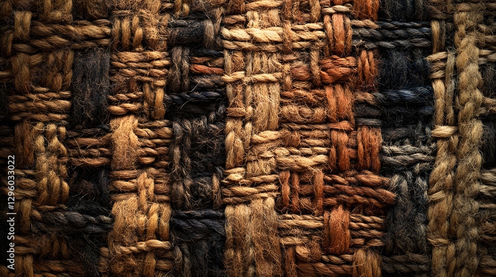 Aufkleber Close-up view of a richly textured woven textile with earthy tones. The intricate patterns and various shades of brown create a captivating visual experience. Intricate Woven Textile