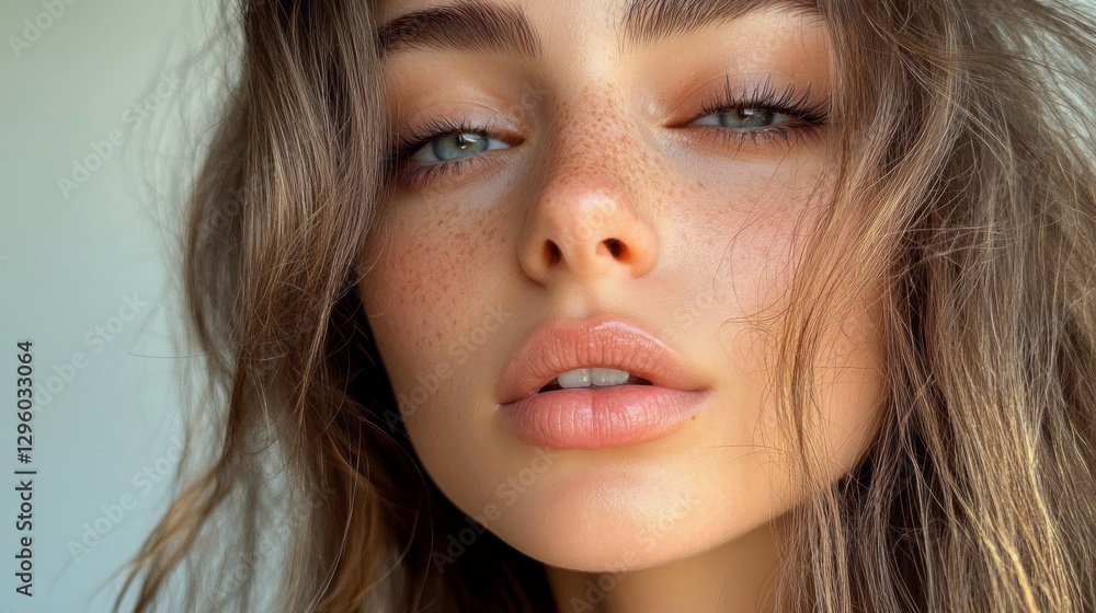 Poster soft natural light illuminates a youthful face adorned with freckles, emphasizing full lips and capt
