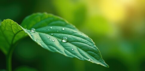 Close-up view of a vibrant green leaf glistening with morning dew, showcasing the beauty of nature's details and the purity of water droplets.