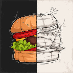 Hand drawn delicious oversized burger half sketch half solid colors on a vintage texture background