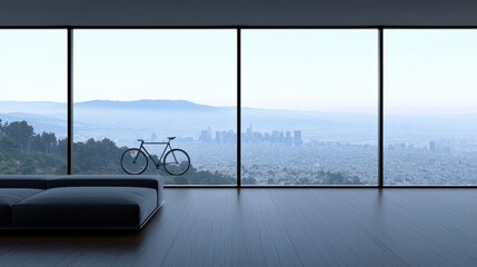 Naklejka premium Modern Interior with Bicycle and Stunning Cityscape View