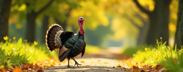 Turkey in shades with a confident posture, strolling on a sunny path, confidence, relaxed, nature